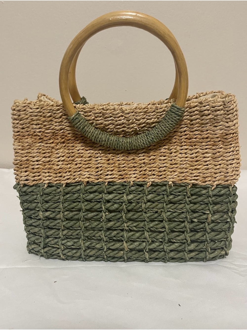 Woven Two-Tone Straw Tote Bag with Wooden Handles - Olive & Natural
